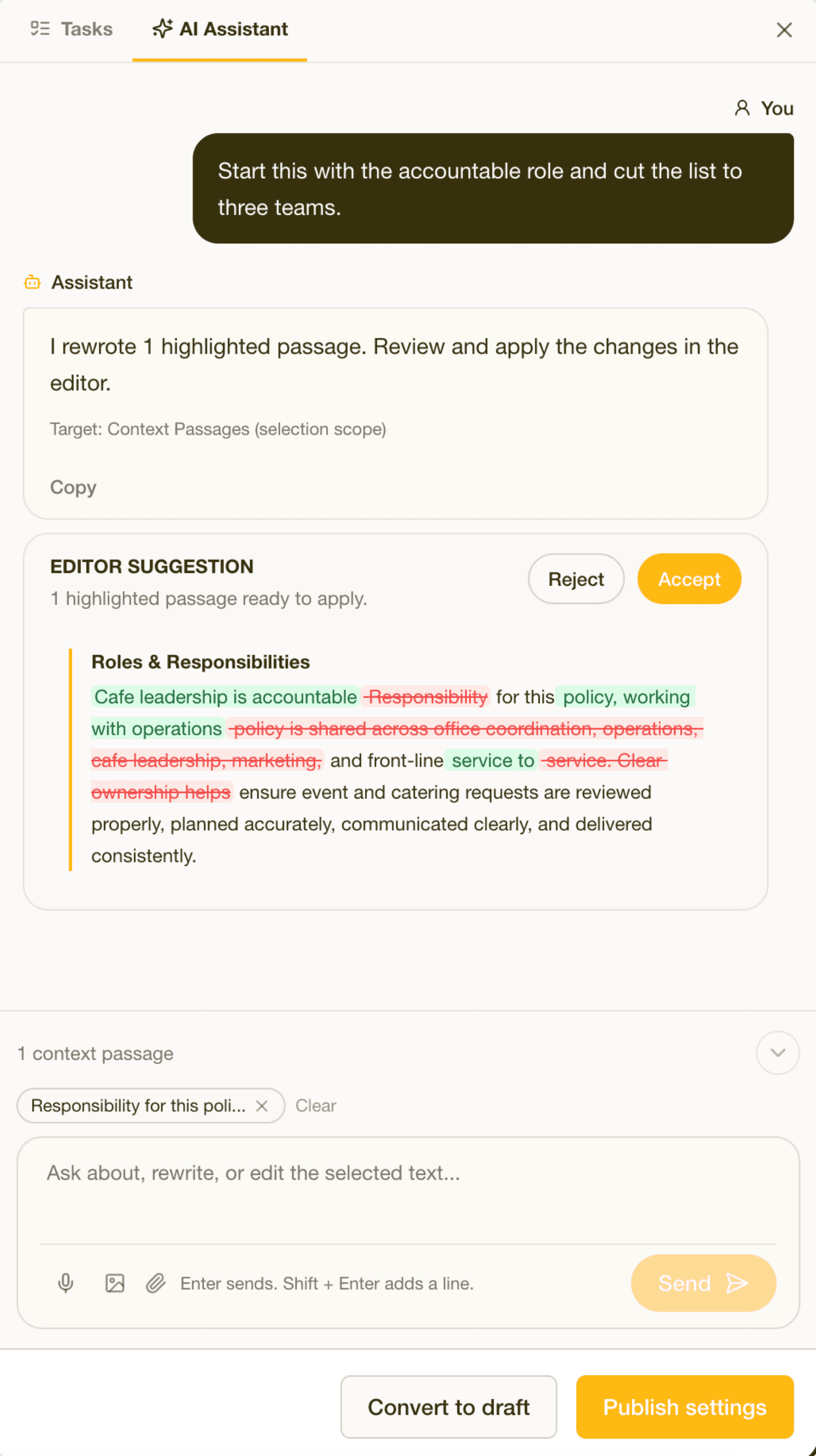 Contourna AI Assistant panel showing a rewrite returned as an editor suggestion, with the changed words marked in green and red and Accept and Reject buttons