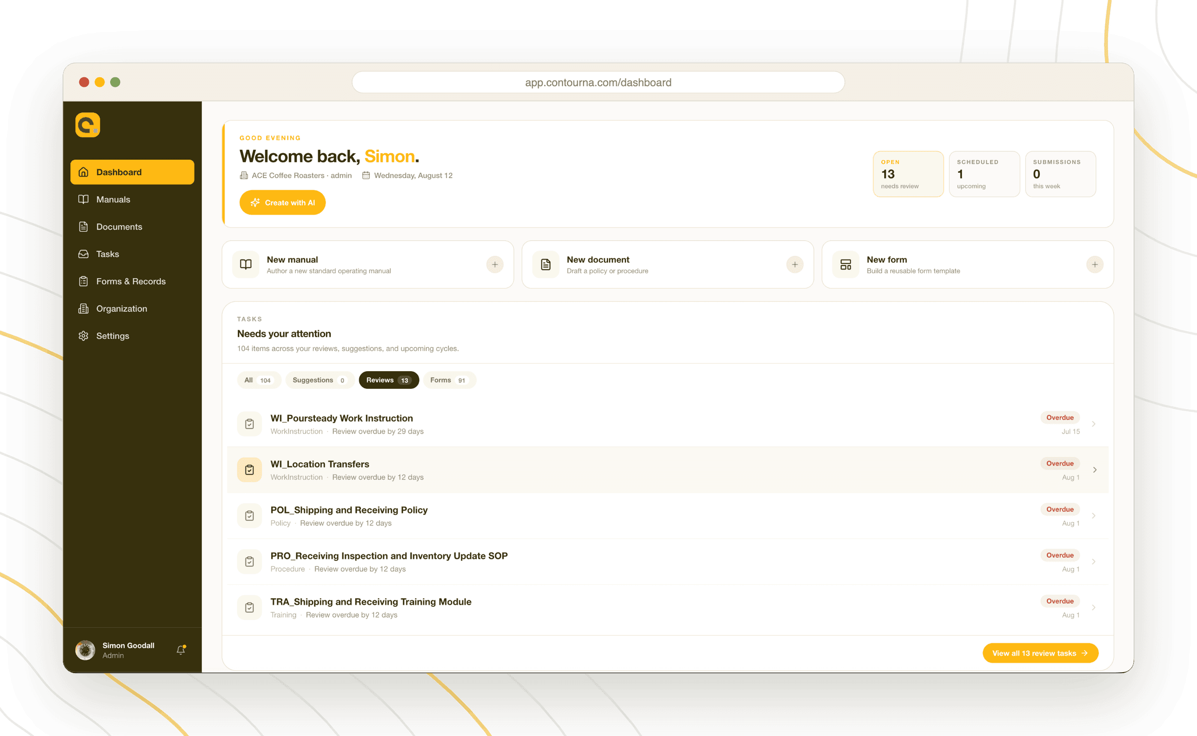 Contourna dashboard showing open review counts, quick actions for a new manual, document, or form, and a Needs your attention task list of overdue reviews