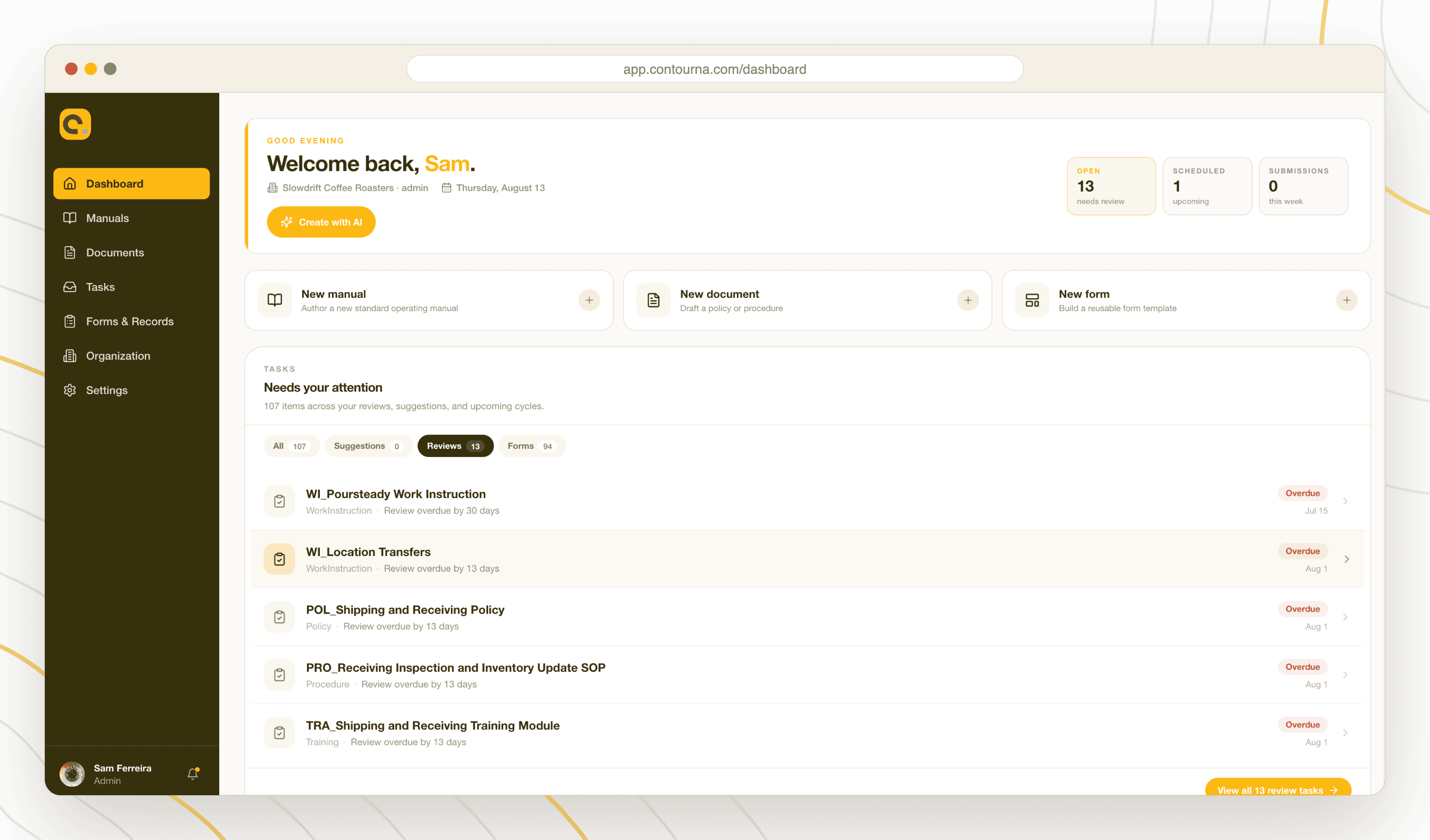 Contourna dashboard showing open review counts, quick actions for a new manual, document, or form, and a Needs your attention task list of overdue reviews