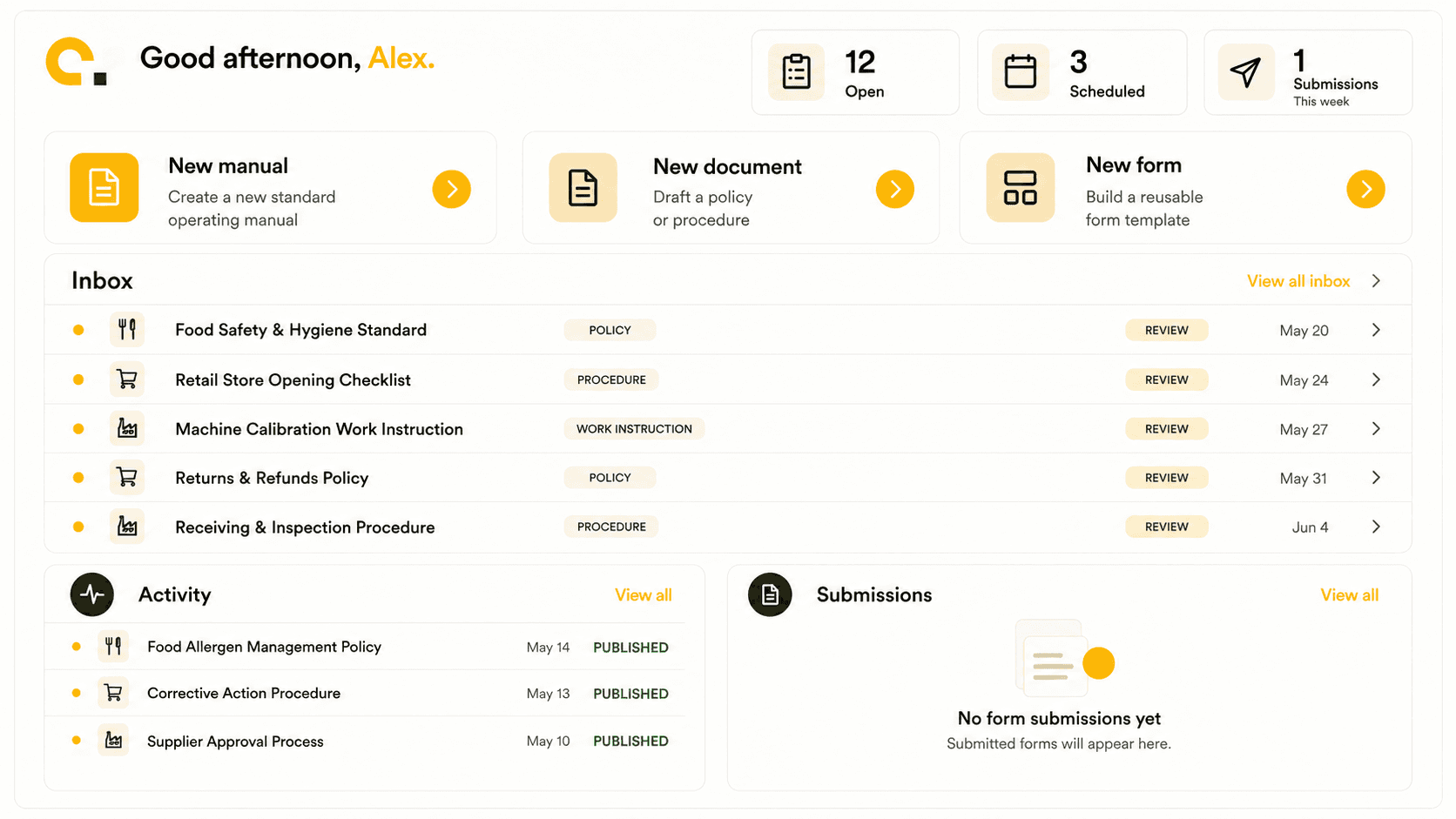 Contourna dashboard showing manuals, documents requiring review, and recent activity
