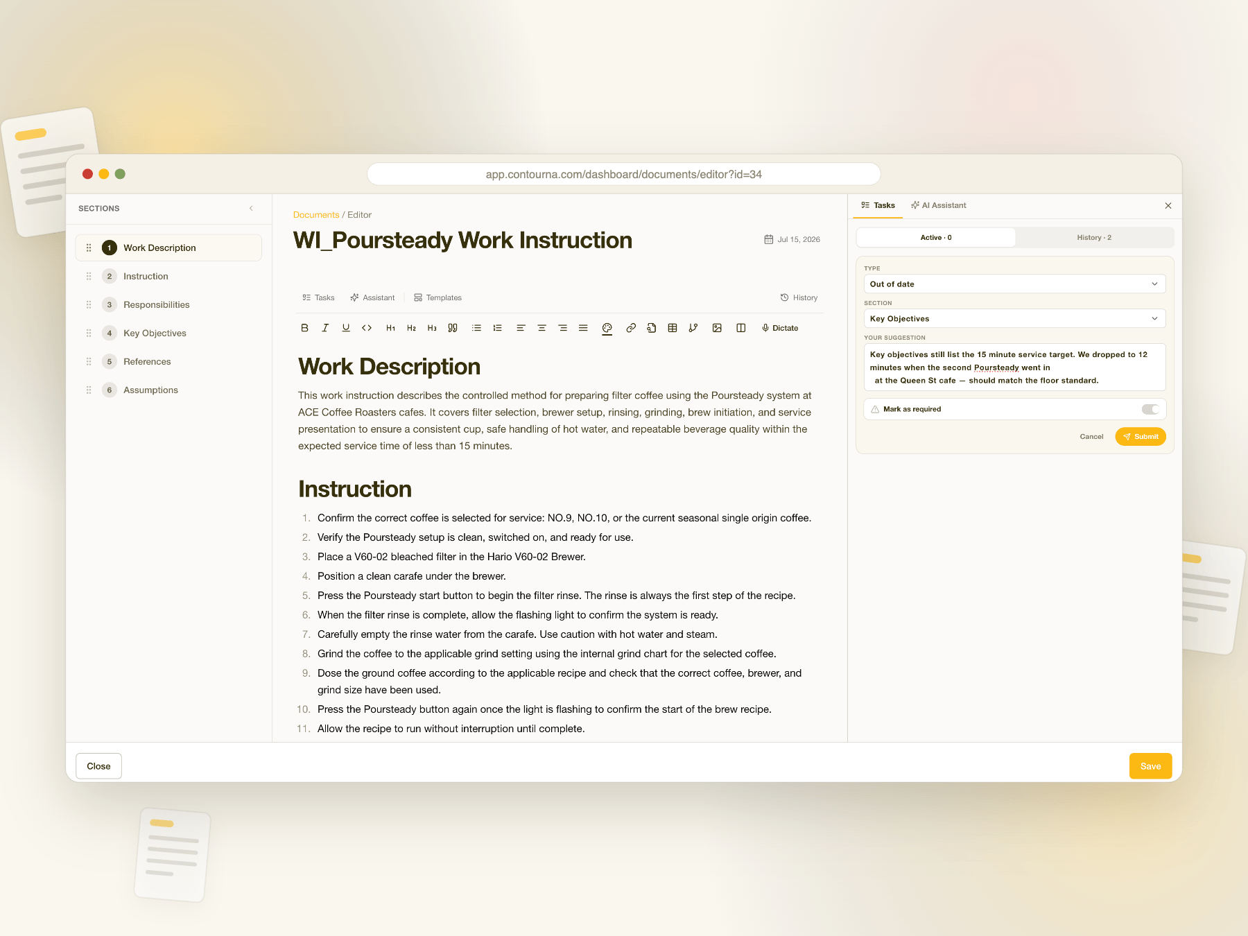 Contourna document editor showing a work instruction with a section outline and a task panel containing an out-of-date suggestion