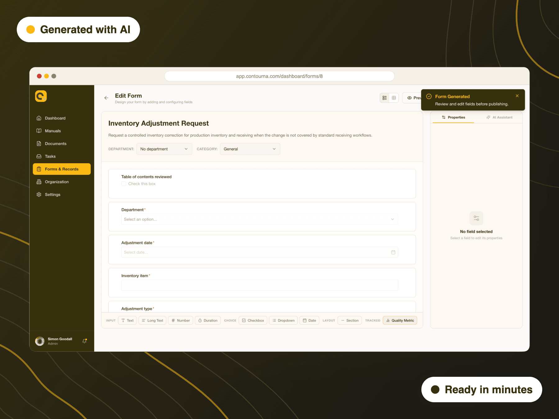 Contourna form builder generating an inventory adjustment request form, with a field properties panel and a Form Generated confirmation