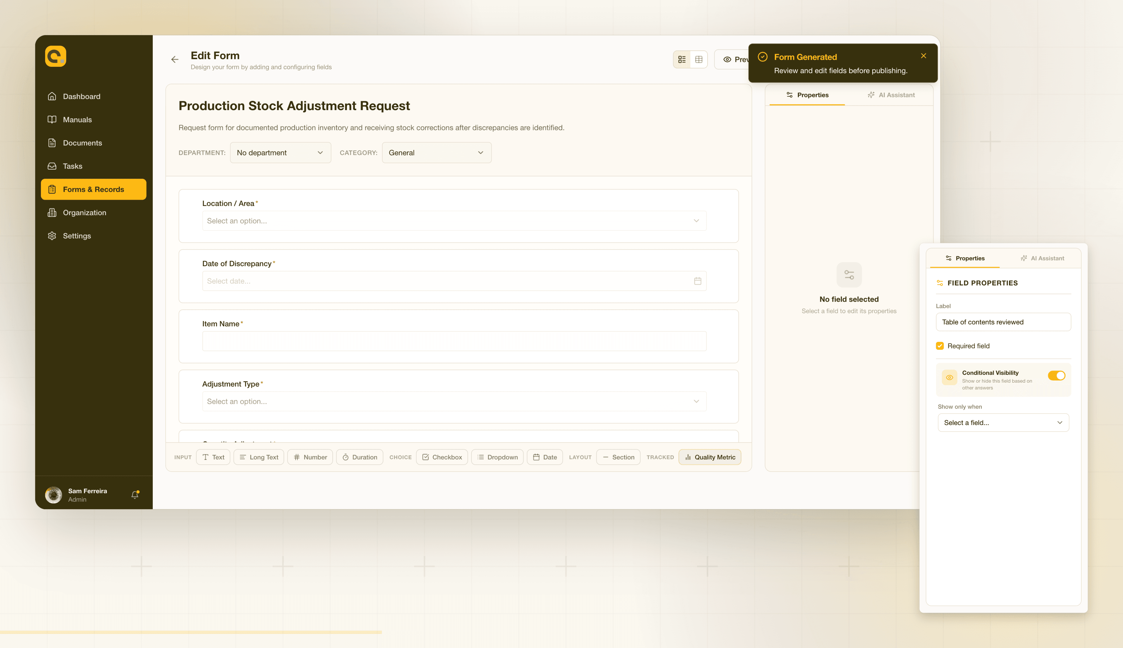 Contourna form builder generating a production stock adjustment request form, with a field properties panel and a Form Generated confirmation
