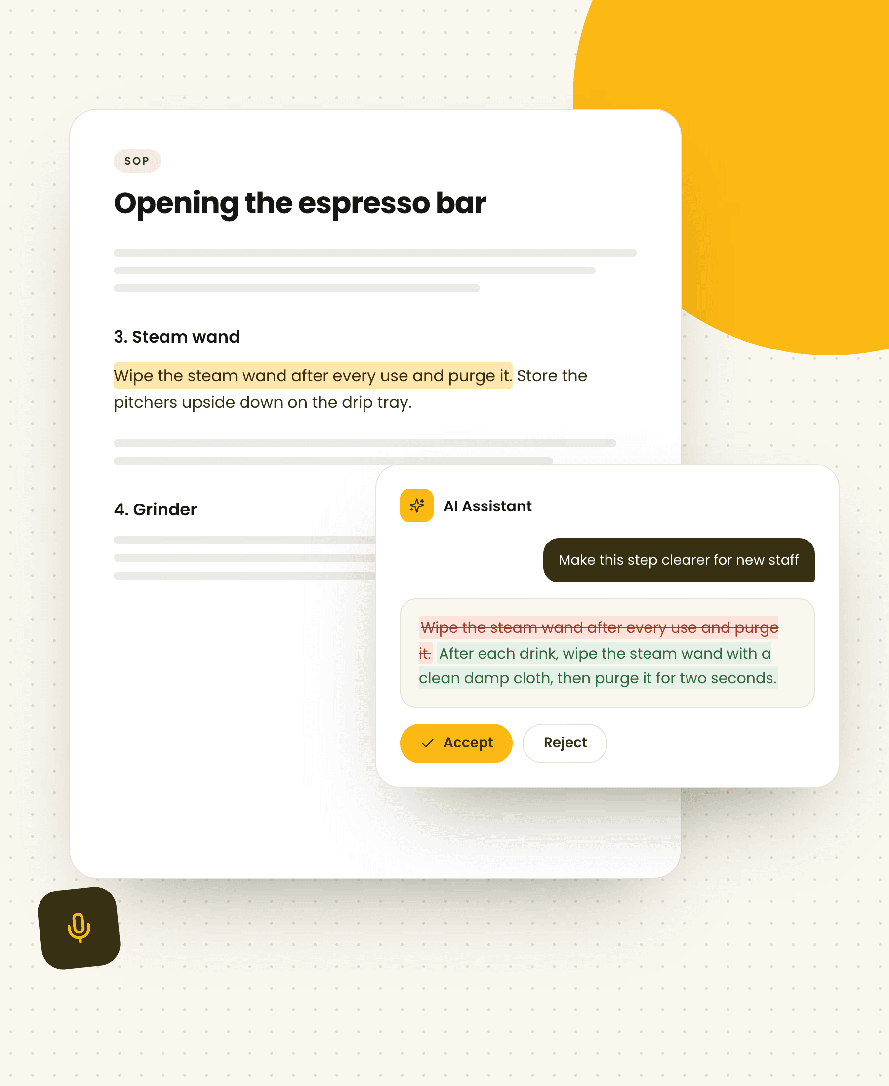 Illustration of a highlighted step in an espresso bar SOP and the AI Assistant rewriting it for new staff, with the change marked in red and green and Accept and Reject buttons