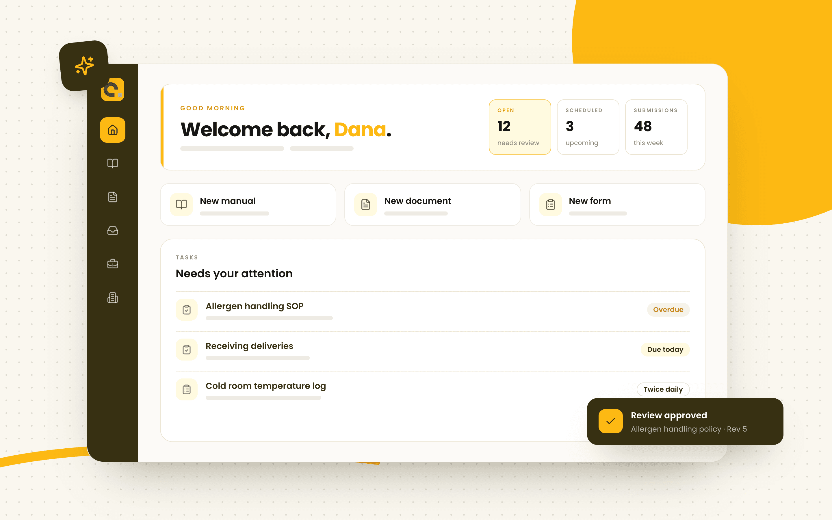 Illustration of the Contourna dashboard with open review counts, quick actions for a new manual, document, or form, a Needs your attention list, and a Review approved notice