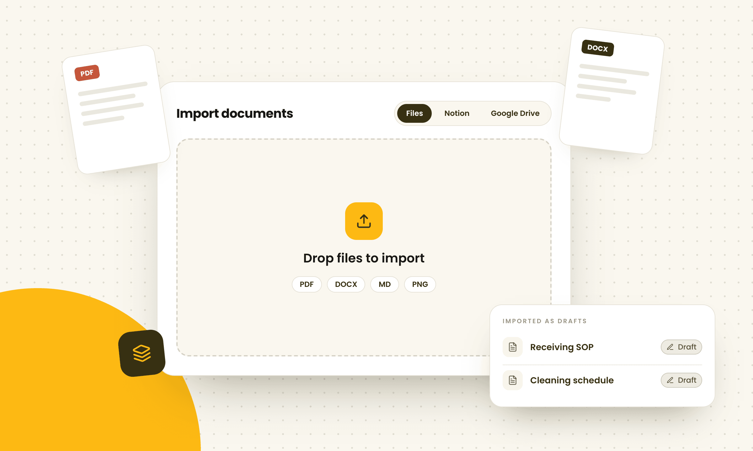 Illustration of the Contourna Import Documents screen with tabs for Files, Notion, and Google Drive, a drop zone for PDF, DOCX, MD, and PNG files, and imported documents arriving as drafts