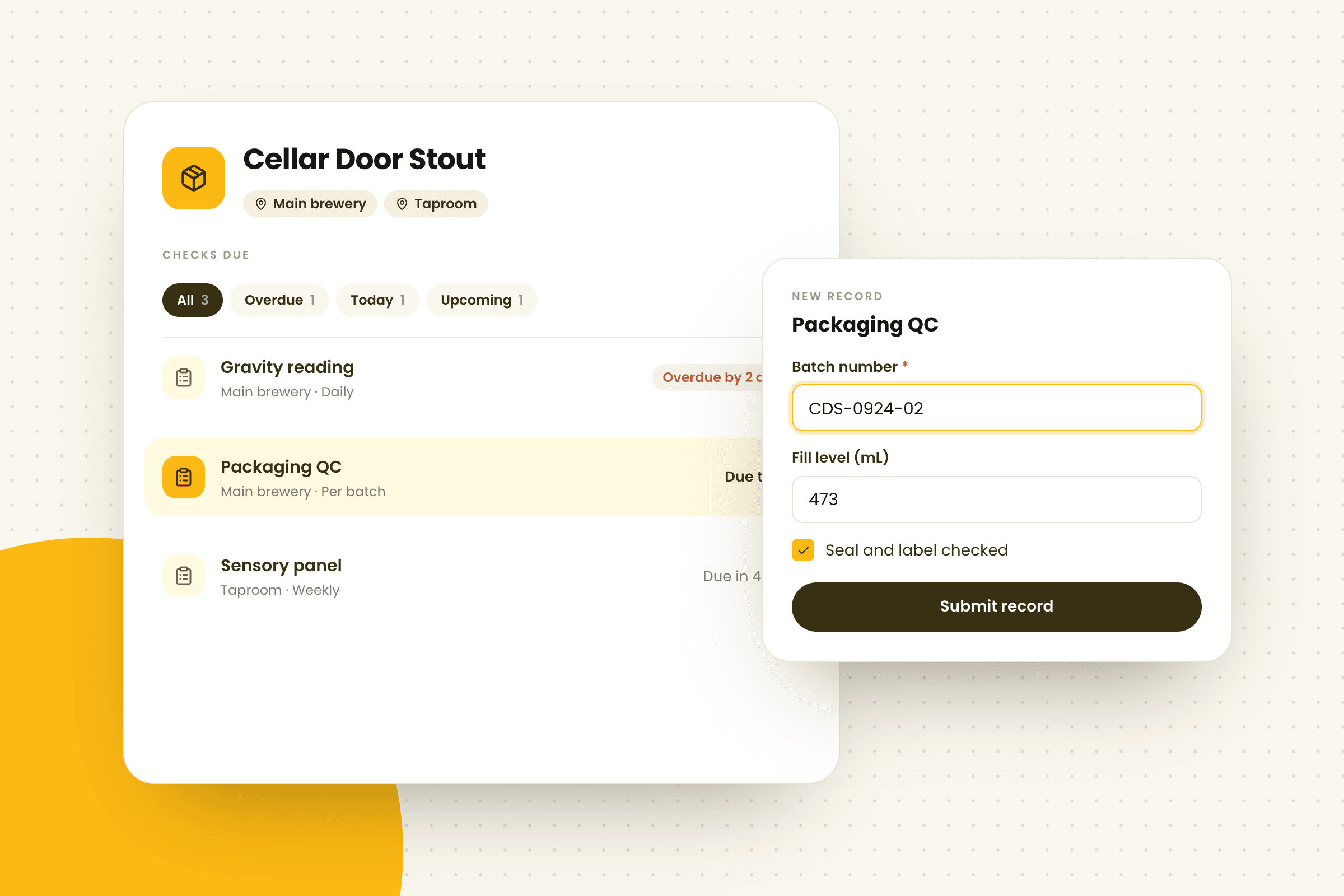 Illustration of a stout's product page listing the checks due at each location, from a daily gravity reading to packaging QC