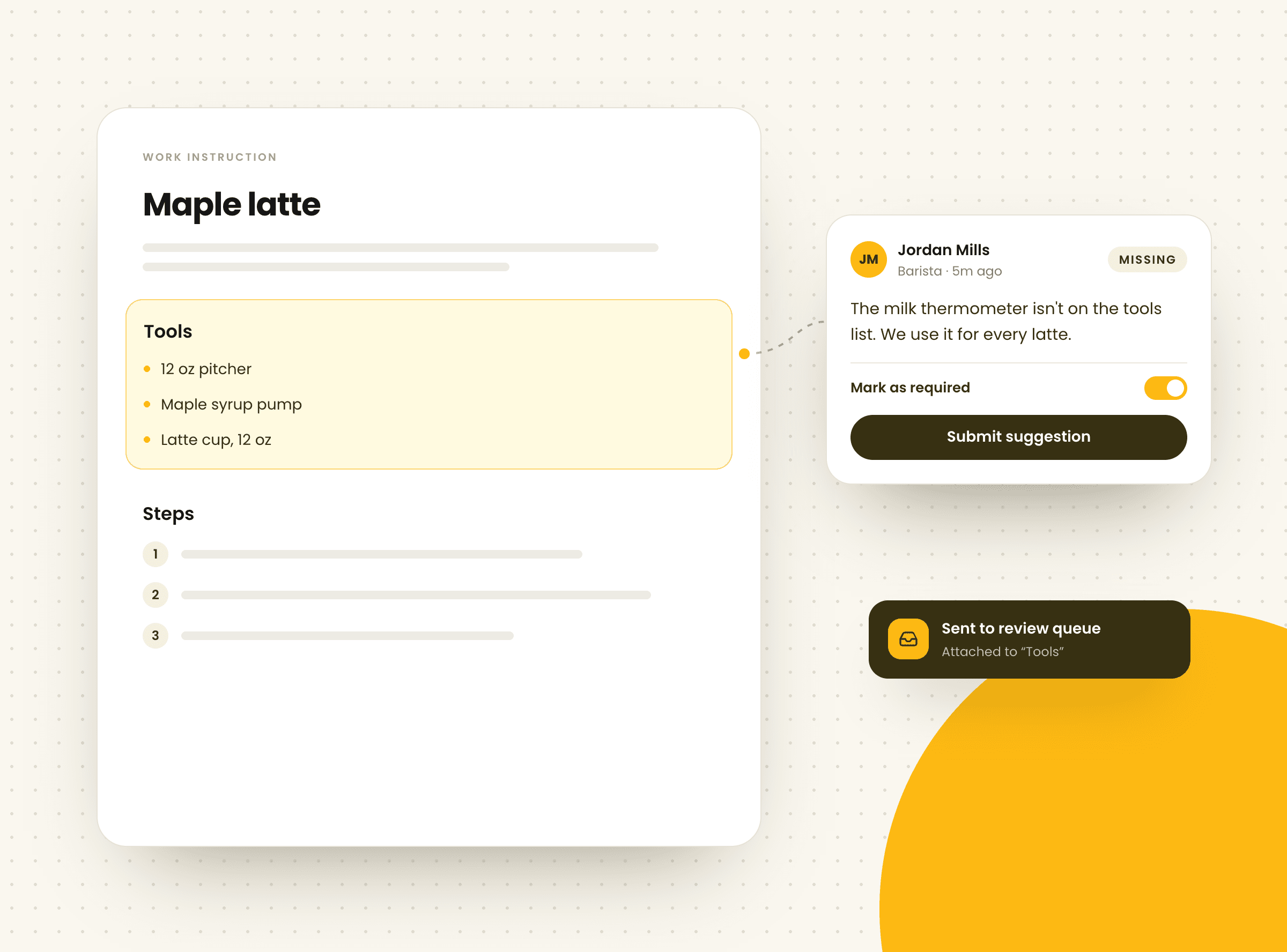 Illustration of a maple latte work instruction where a barista files a Missing suggestion against the Tools section, marks it as required, and sends it to the review queue