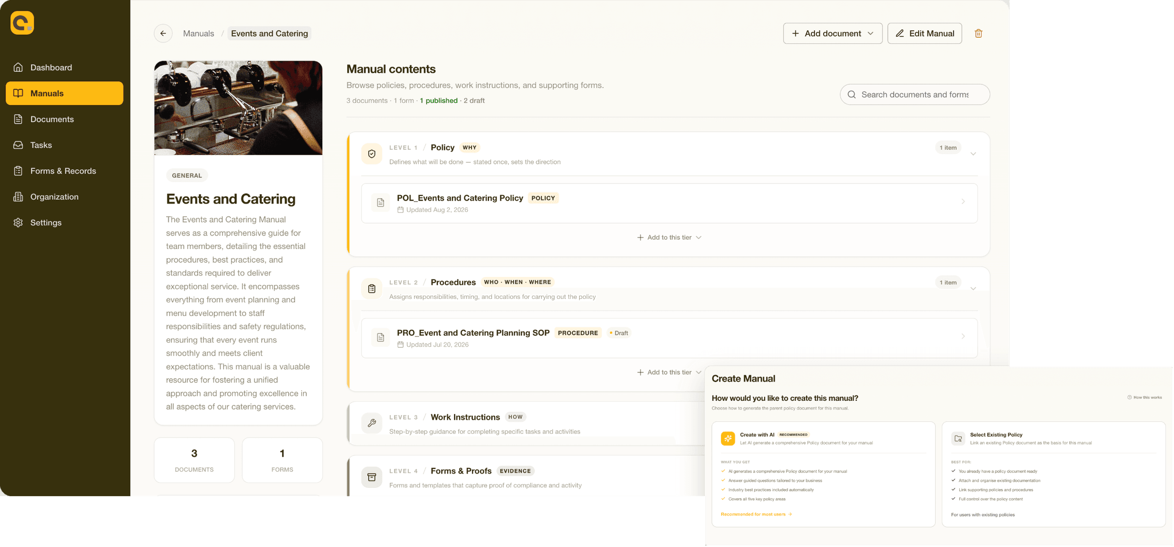Contourna manual contents view for an Events and Catering manual, showing the cover image, document and form counts, the four tiers Policy, Procedures, Work Instructions, and Forms and Proofs, and a Create Manual panel offering to generate the policy with AI or link an existing one