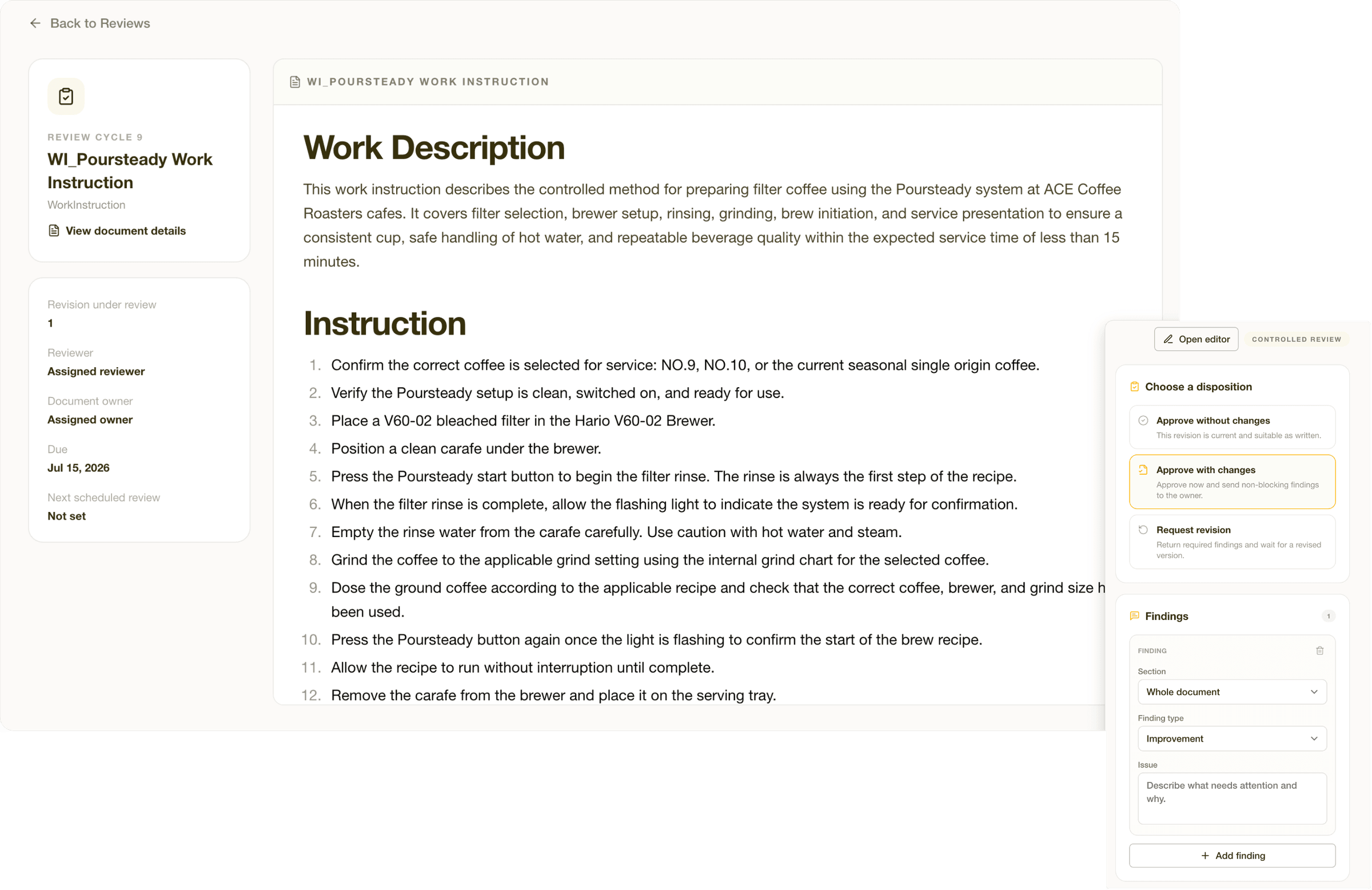 Contourna controlled review workspace for a work instruction, showing the revision under review, reviewer, owner and due date, alongside a panel to choose a disposition and record findings