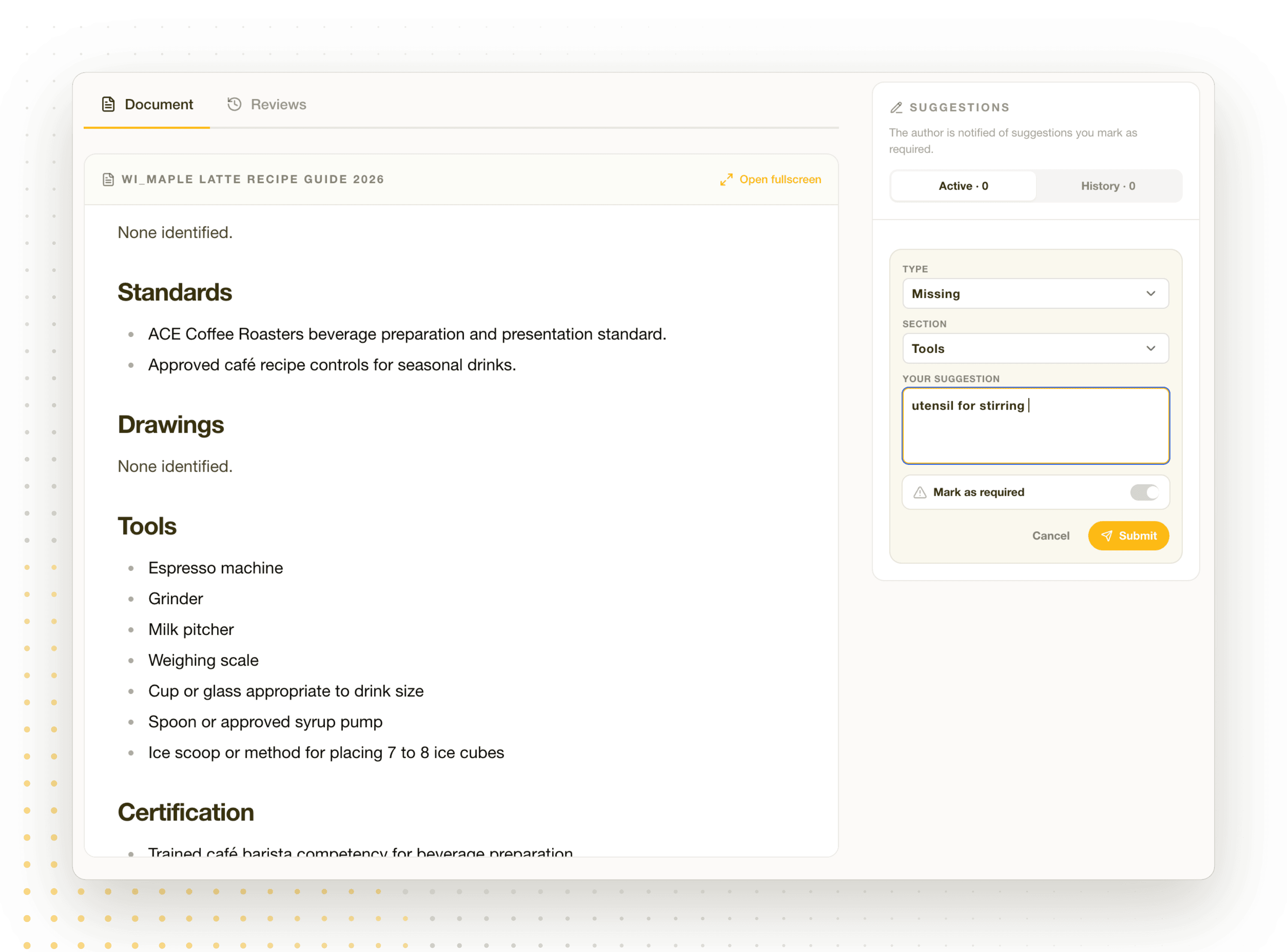 Contourna document view of a maple latte recipe work instruction with a Suggestions panel open, where a reader files a Missing suggestion against the Tools section and can mark it as required before submitting
